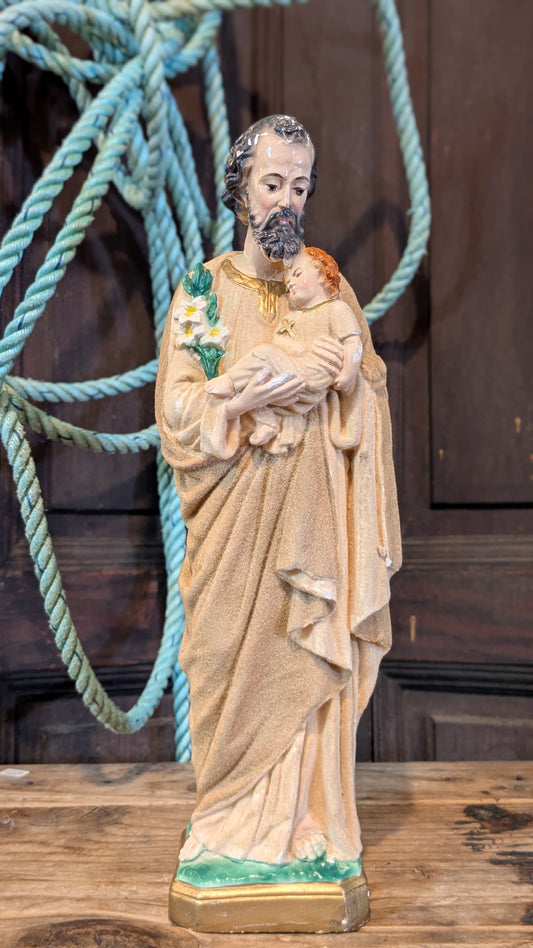 Vintage Chalkware and Flocking St Joseph and Infant Jesus Statue